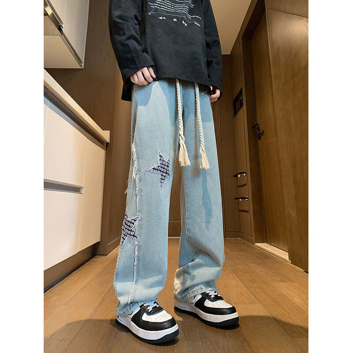 Women Wide High-Waist Denim Pants with Star Applications, Fringe Side Slits and Drawstring Waist Mune Fashion