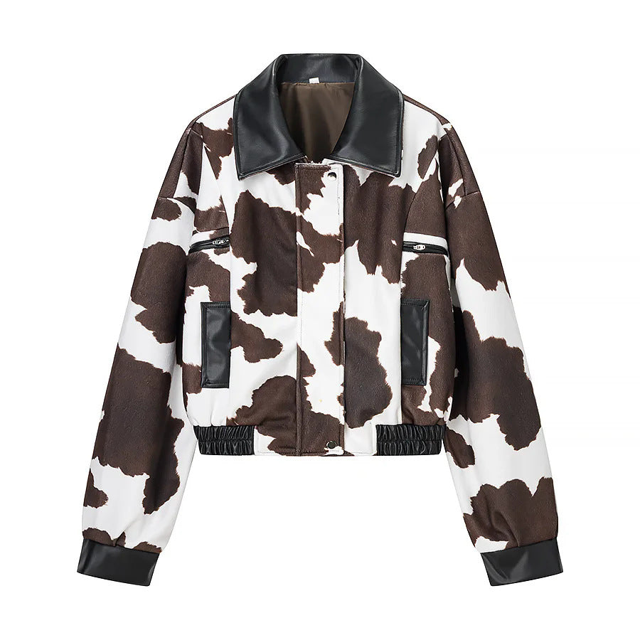Women's short-cut bomber jacket in cow print with faux leather trim Mune Fashion