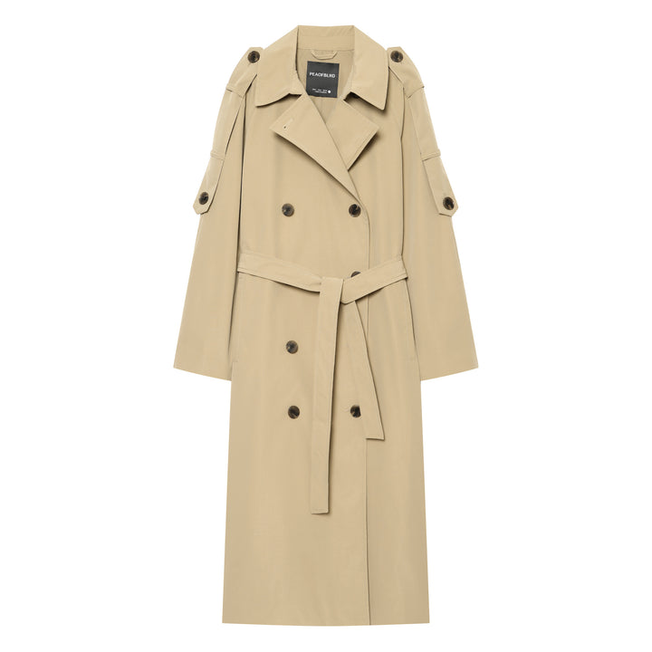Ladies Long Classic Double-Breasted Trench Coat with Belt and Sleeve Tabs Mune Fashion