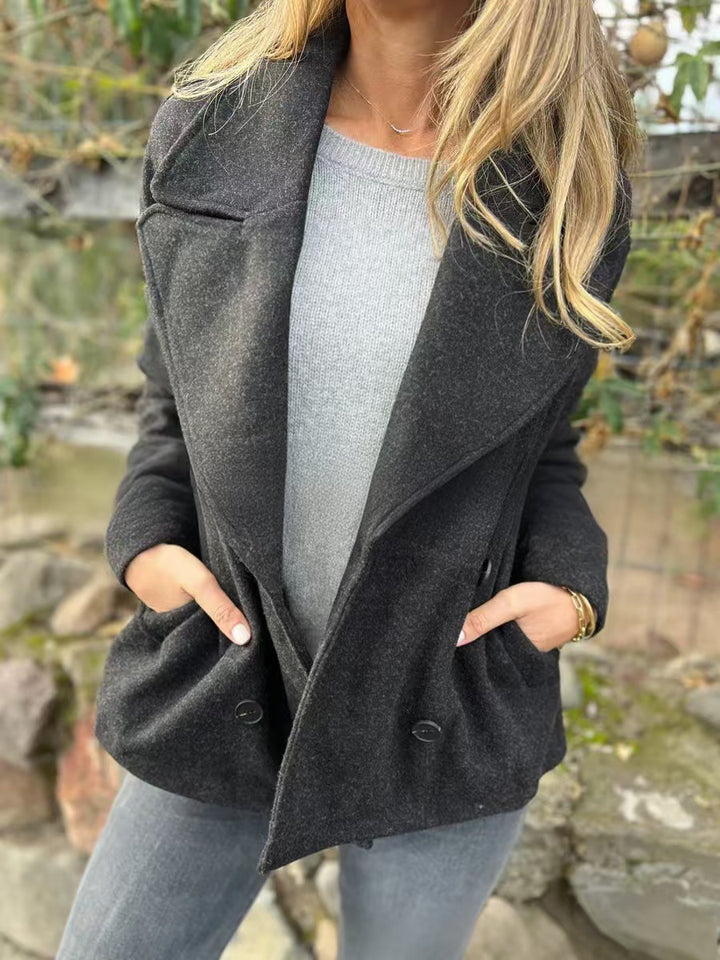 Women's short wool blend coat with large shawl collar, double-breasted button placket and side pockets Drune