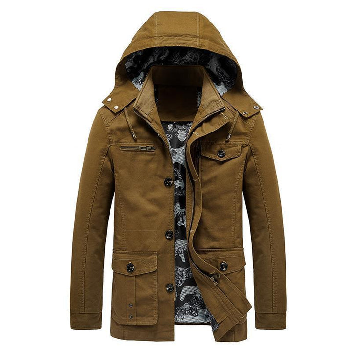 Men's Canvas Field Jacket with Hood, Multifunctional Pockets and Camouflage Lining Mune Fashion