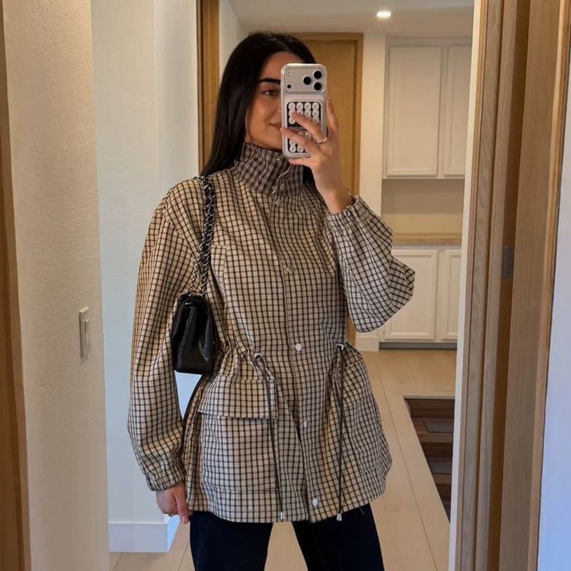 Women Checkered Waist Parka with Stand-up Collar, Drawstring, and Flap Pockets Mune Fashion