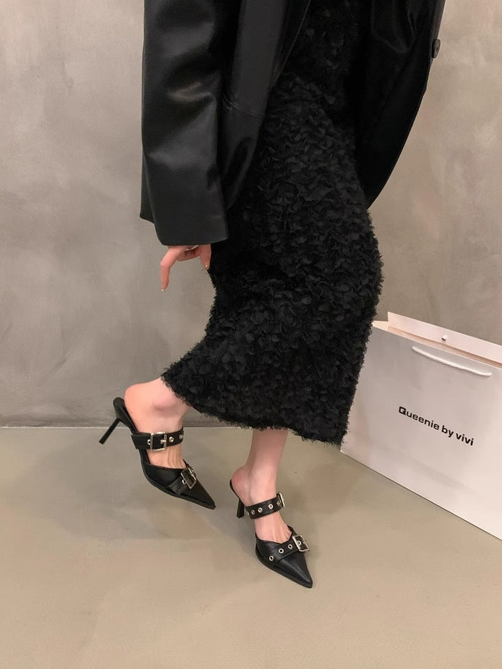 Women's pointed toe mule slippers with double buckle strap, eyelet detail, and low kitten heel Mune Fashion