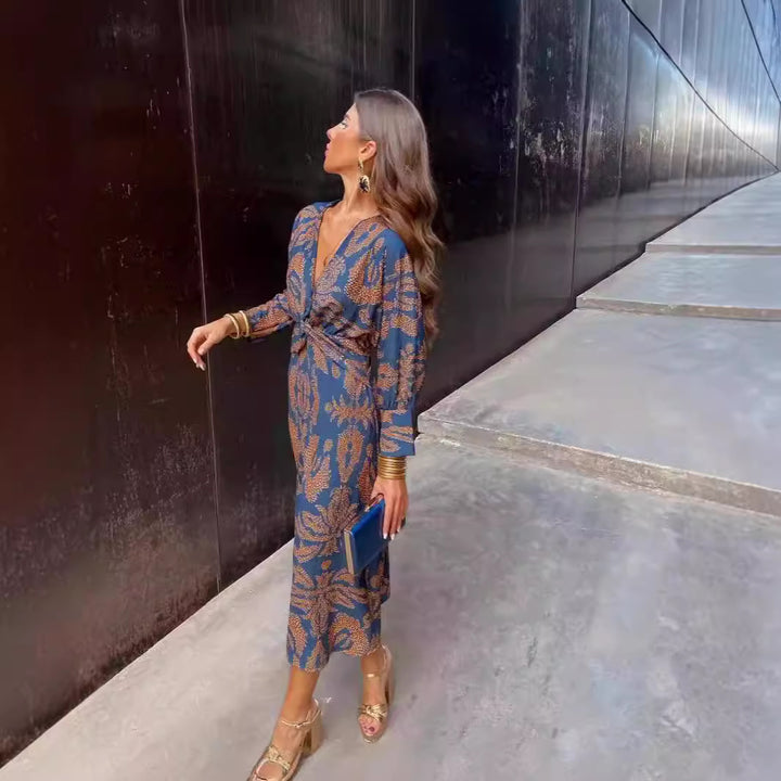 Women's Patterned Midi Dress with Knot Front, V-Neck and Long Sleeves Mune Fashion
