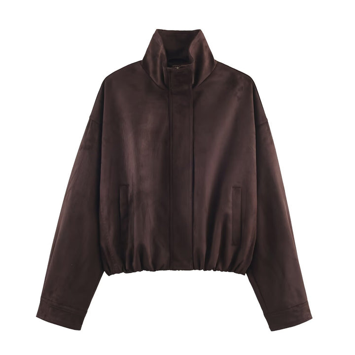 Ladies Oversize Velvet Jacket with High Stand-Up Collar and Elastic Hem Mune Fashion