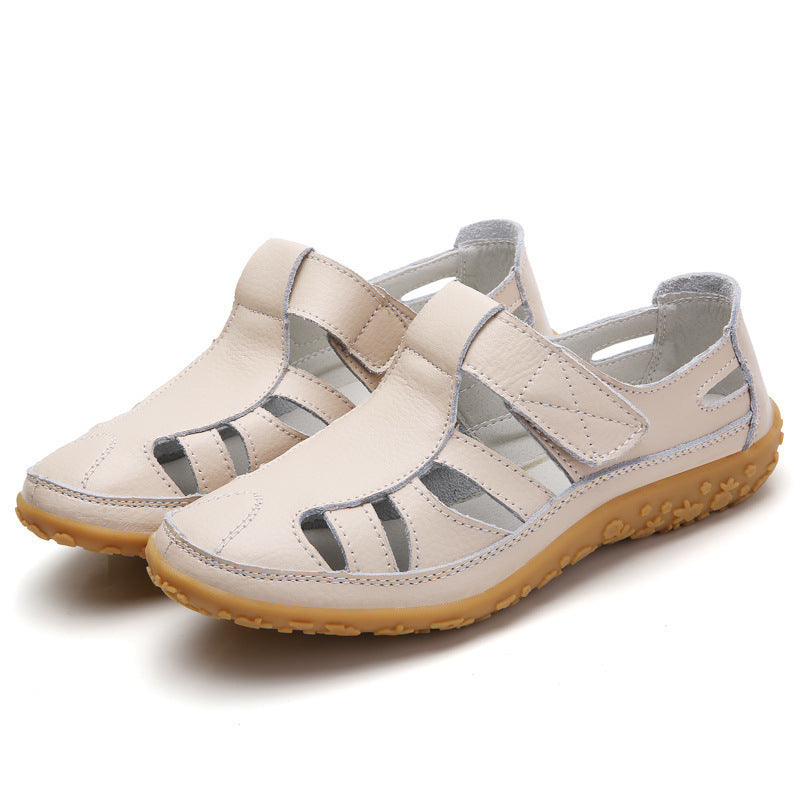 Ladies closed leather summer shoe with cutouts hook and loop fastener and cushioning nub sole Mune Fashion