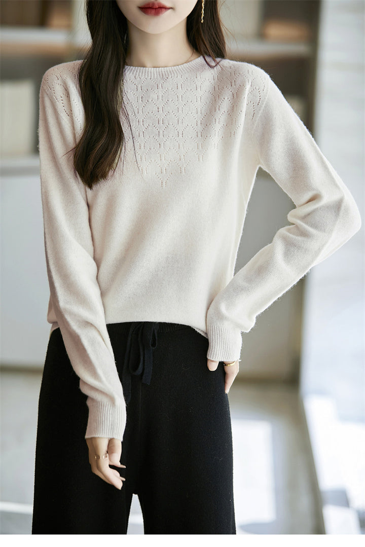 Women's Soft Round Neck Sweater in Cashmere Look with Fine Openwork Pattern and Snug Fit Mune Fashion