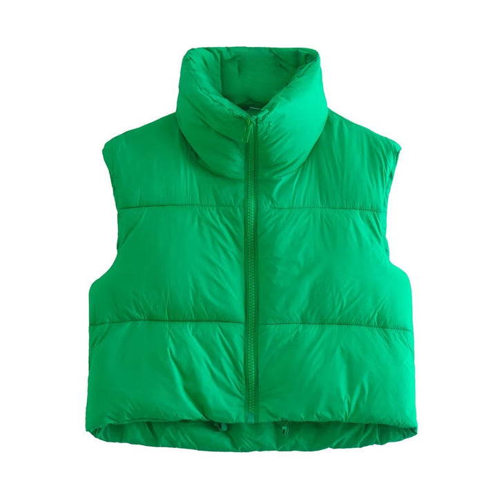 Women's short quilted vest with high stand-up collar, padded thermal filling, and adjustable drawstring hem Mune Fashion
