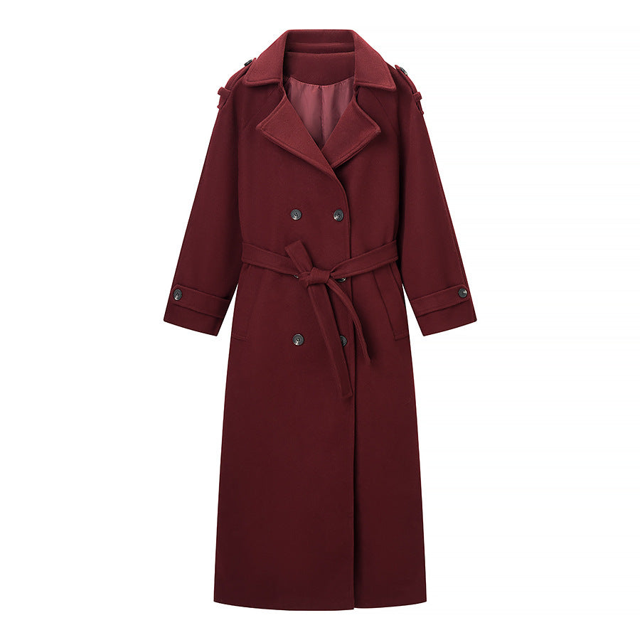 Women Maxilength Wool Blend Trench Coat with Shoulder Yoke, Tie Belt and Roll-Up Sleeves Mune Fashion