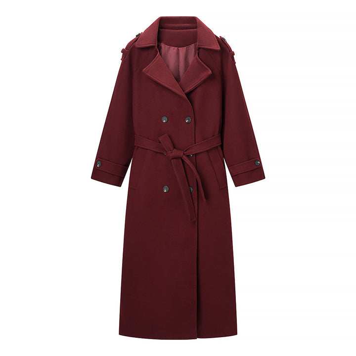 Women Maxilength Wool Blend Trench Coat with Shoulder Yoke, Tie Belt and Roll-Up Sleeves Mune Fashion