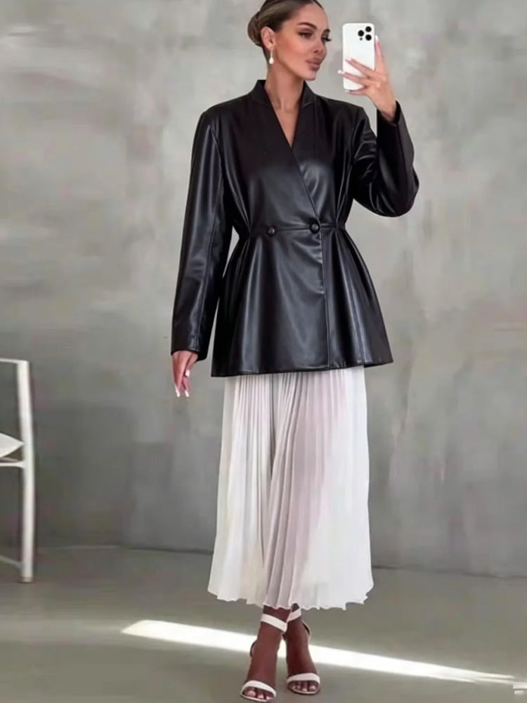 Women's Tailored Faux Leather Wrap Blazer with Flared Hem Mune Fashion