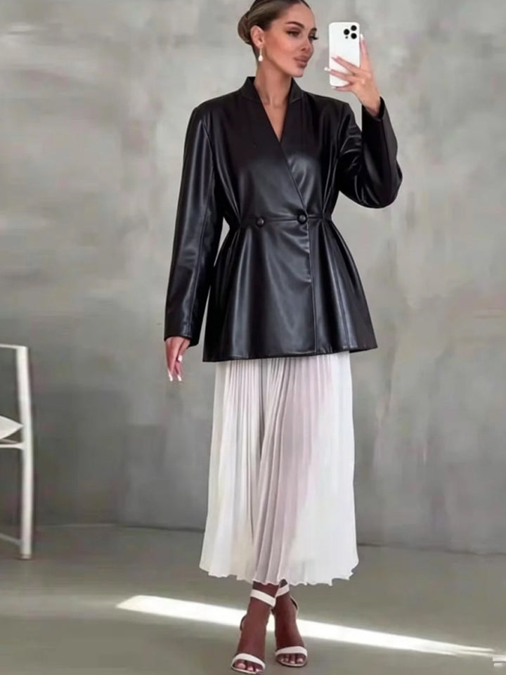 Women's Tailored Faux Leather Wrap Blazer with Flared Hem Mune Fashion