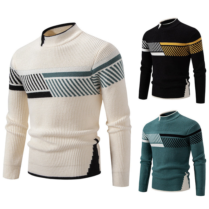 Men's fine ribbed knitted pullover with stand-up collar and contrast block design Mune Fashion