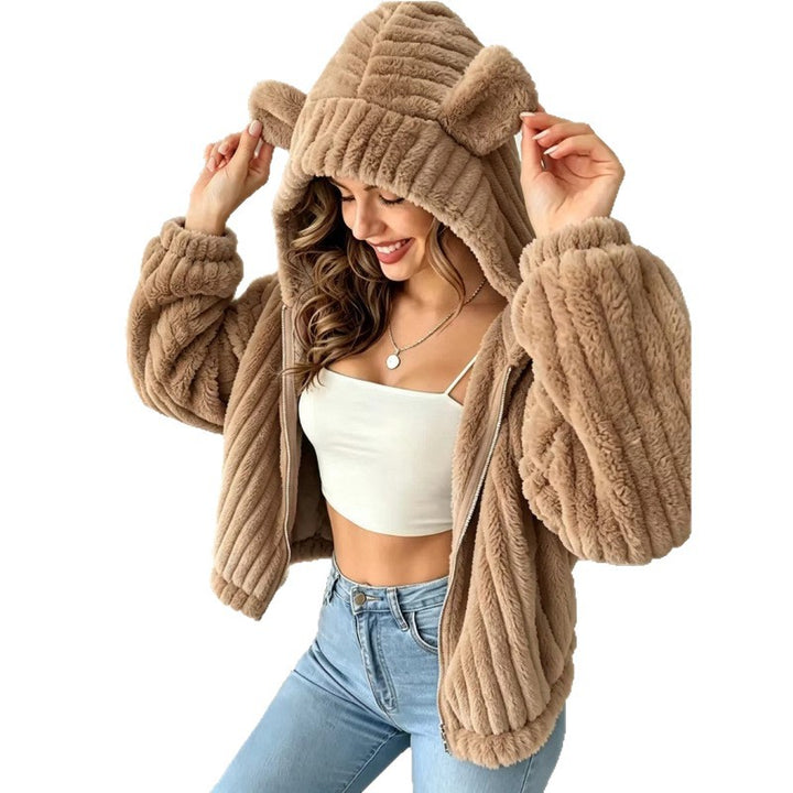 Women's Cozy Teddy Hooded Jacket with Plush Texture and Hood Ears Mune Fashion
