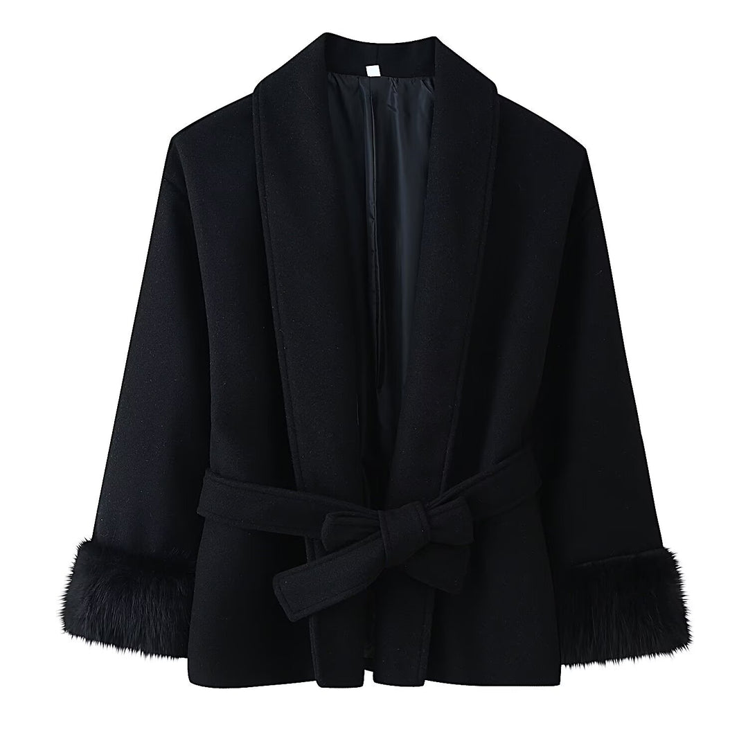 Women's wrap belt coat with shawl collar and faux fur cuffs Mune Fashion