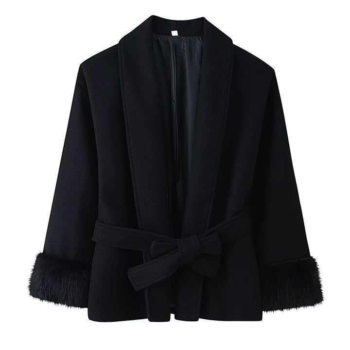 Women's wrap belt coat with shawl collar and faux fur cuffs Mune Fashion