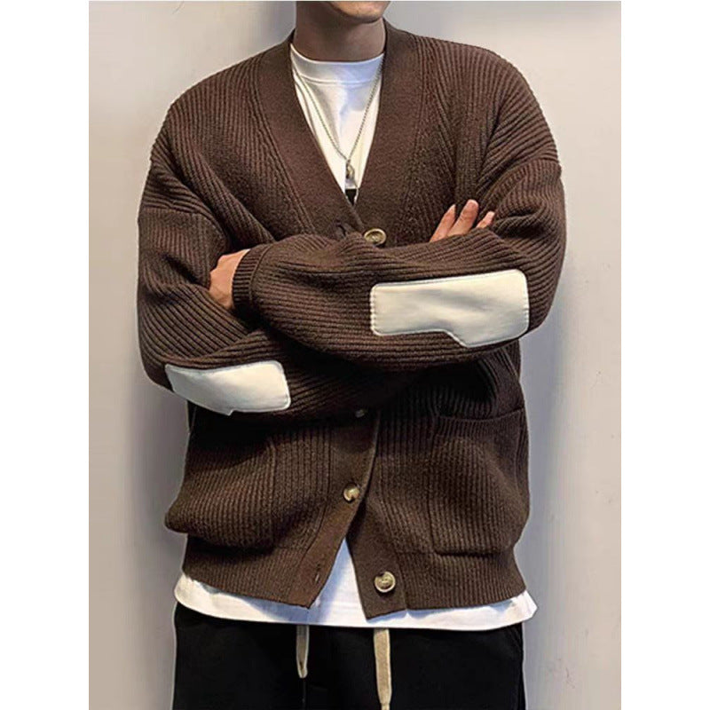 Men's Oversized Knit Cardigan with Elbow Patches and Patch Pockets Mune Fashion