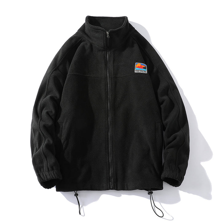 Men's fleece jacket with stand-up collar, full zip, elastic drawstring, and badge patch Mune Fashion
