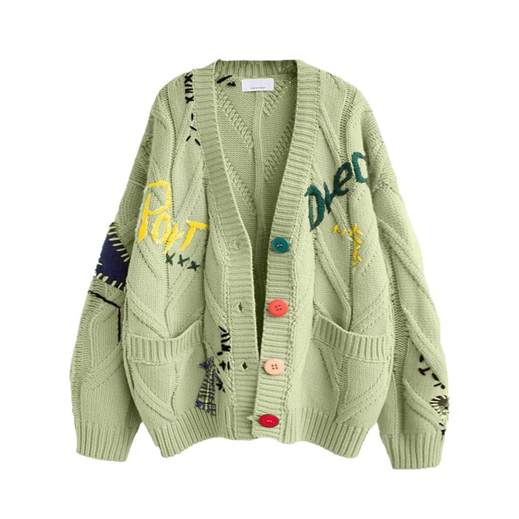 Women's Stylish Knitted Cardigan with Colorful Buttons and Elaborate Design