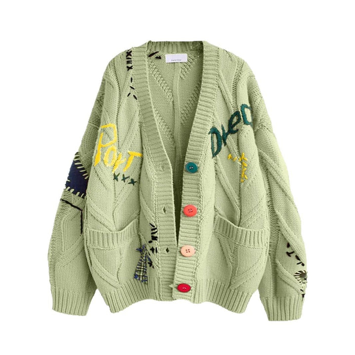 Women's Stylish Knitted Cardigan with Colorful Buttons and Elaborate Design