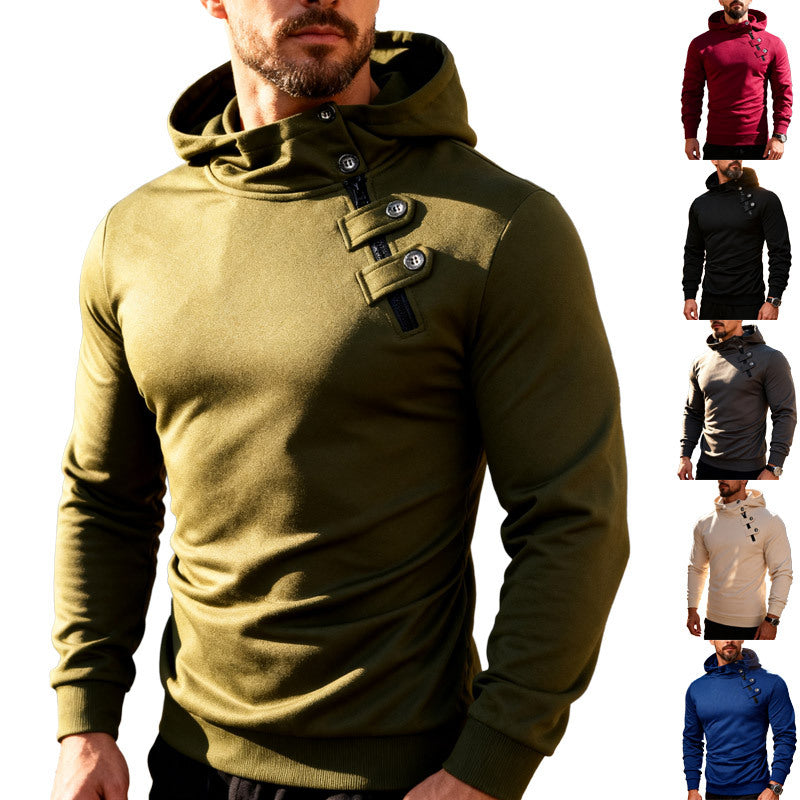 Men's fitted hoodie with high collar, decorative tabs and concealed diagonal zipper Mune Fashion