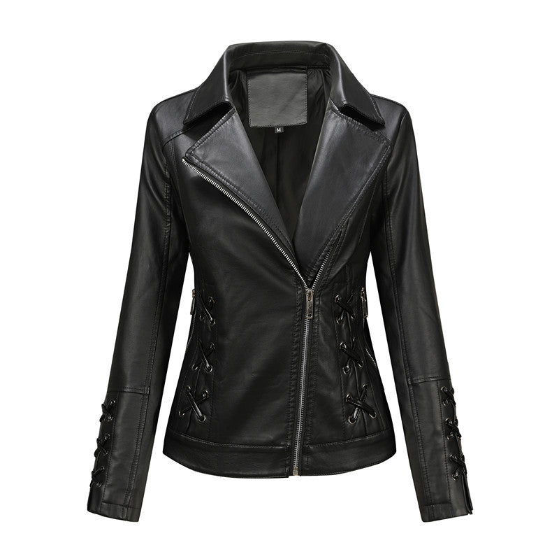 Women's faux leather biker jacket with side lacing and asymmetric zipper Mune Fashion