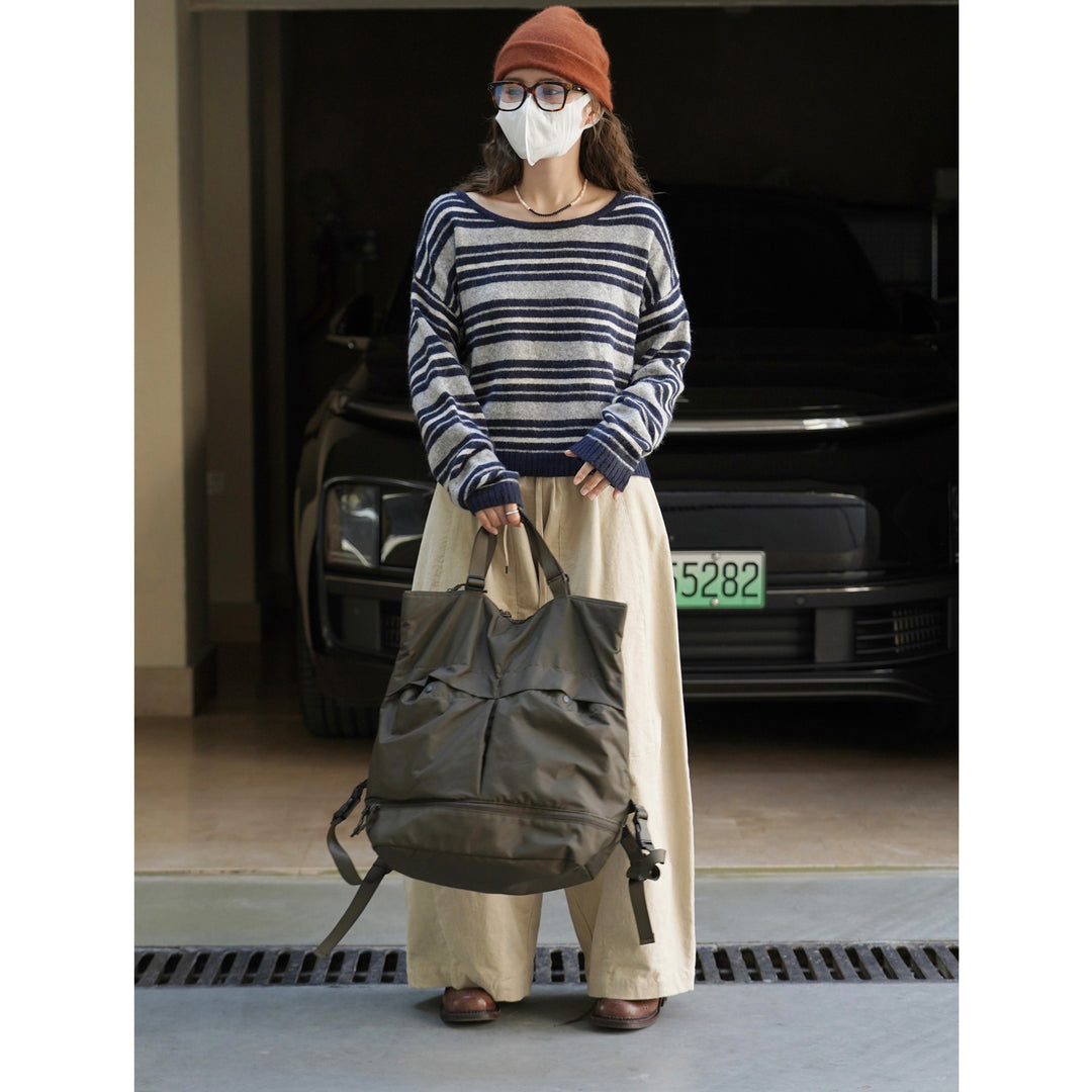 Ladies Soft Oversize Stripe Sweater with Boat Neck and Fluffy Look Mune Fashion