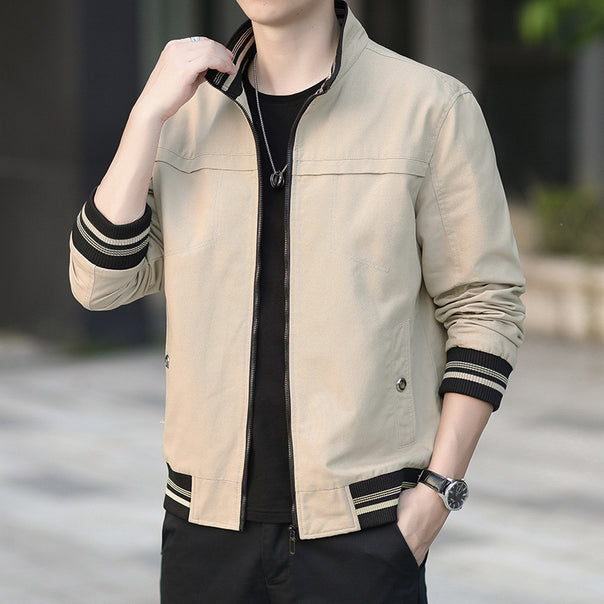 Men's modern canvas bomber jacket in worker style with striped ribbed cuffs and zipper Mune Fashion