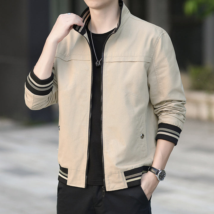 Men's modern canvas bomber jacket in worker style with striped ribbed cuffs and zipper Mune Fashion