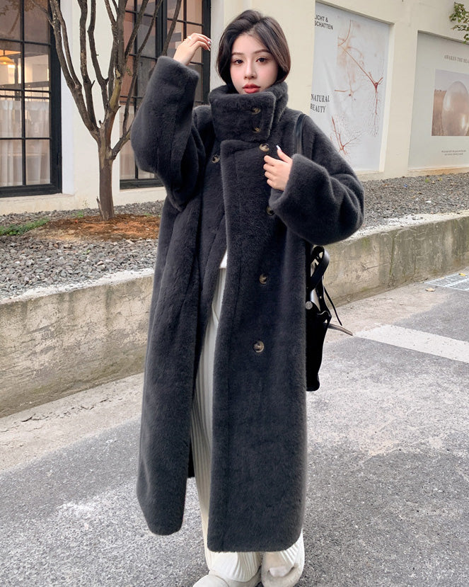 Mune | Collar Double Breasted Faux Mink Fur Long Coat