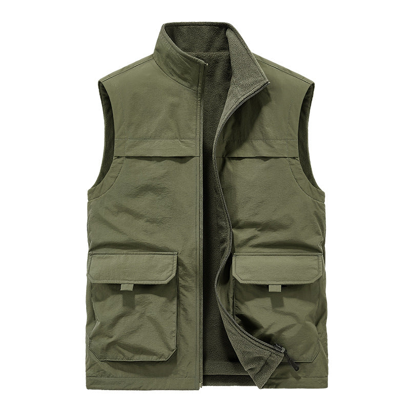 Men's Padded Utility Vest with Fleece Lining, Multiple Pockets and Standing Collar Mune Fashion