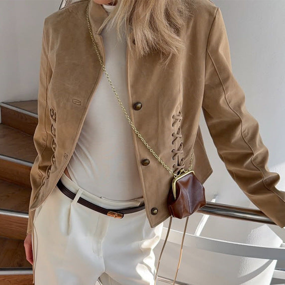 Women's short blazer made of suede with a fitted lace-up corset and stand-up collar Mune Fashion