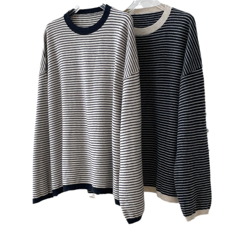 Women's Striped Fine Knit Sweater with Dropped Shoulder and Ribbed Collar Mune Fashion