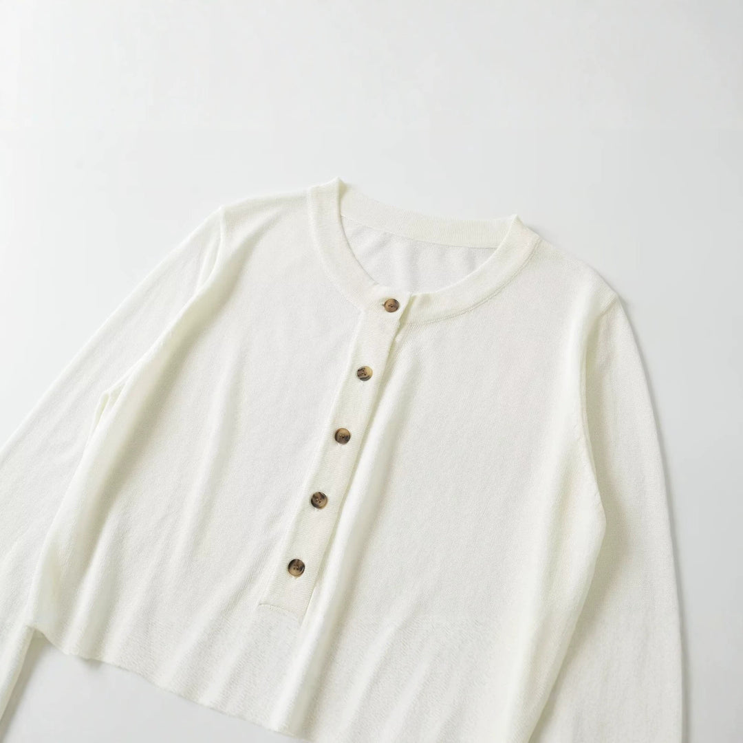 Women's Lightweight Fine Knit Henley with Button Placket, Round Neck and Elastic Ribbed Cuff Drune