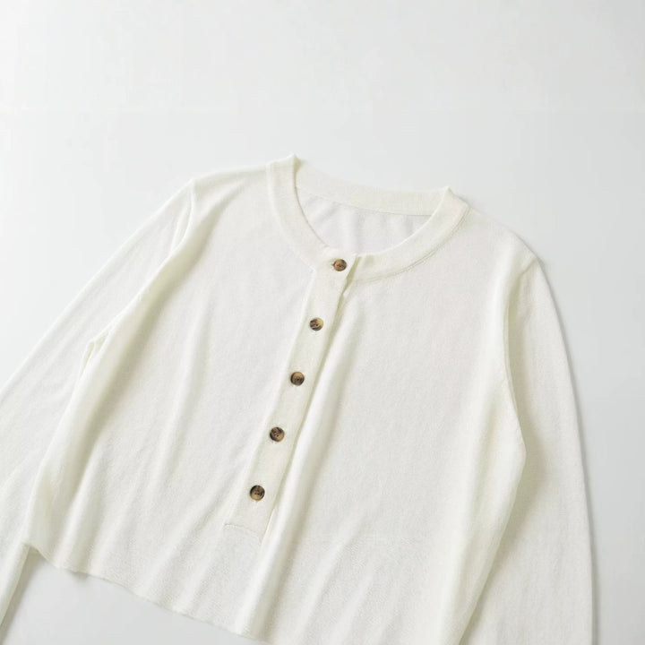 Women's Lightweight Fine Knit Henley with Button Placket, Round Neck and Elastic Ribbed Cuff Drune