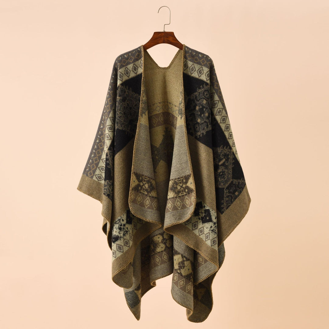 Women Jacquard Poncho Cape with Ethno Pattern and Wool Blend Mune Fashion