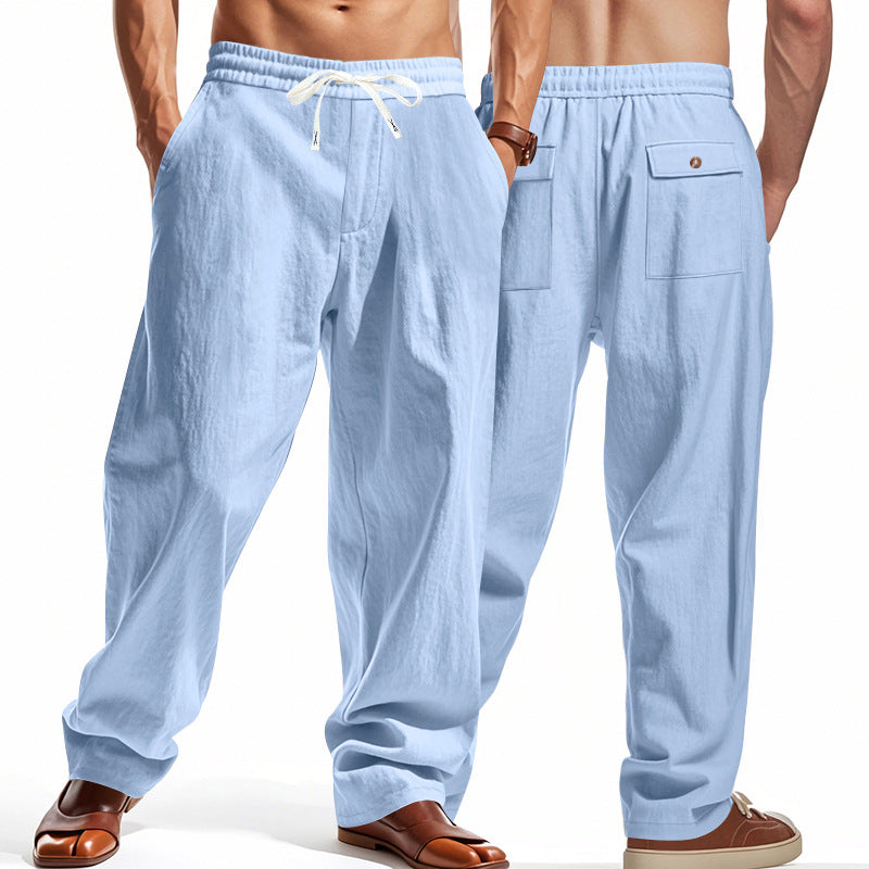 Men's wide comfort trousers in linen blend with elastic drawstring, straight leg, and patch back pockets Mune Fashion