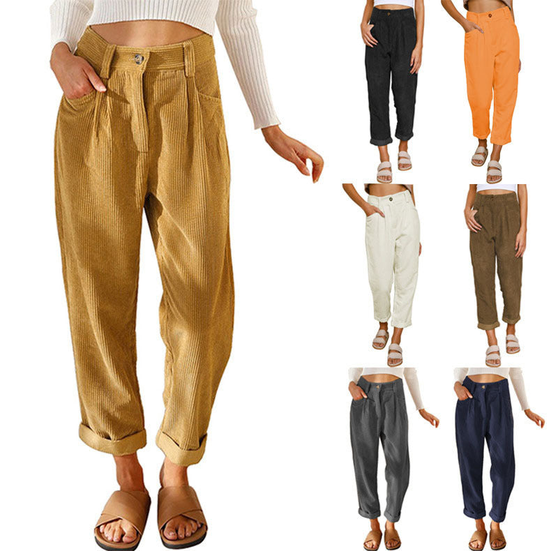Women's Casual Corduroy Pants with High Waist, Loose Tapered Fit, and Cuffed Hem Mune Fashion