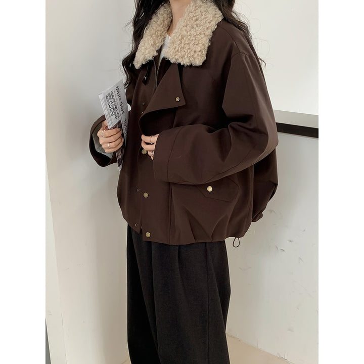 Women Short Oversized Bomber Jacket with Teddy Collar and Snap Button Details Mune Fashion