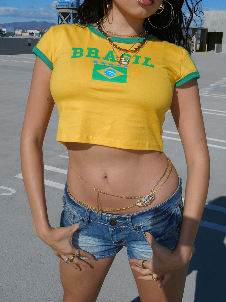 Women's short Ringer crop shirt with Brazil print and elastic cuffs Mune Fashion