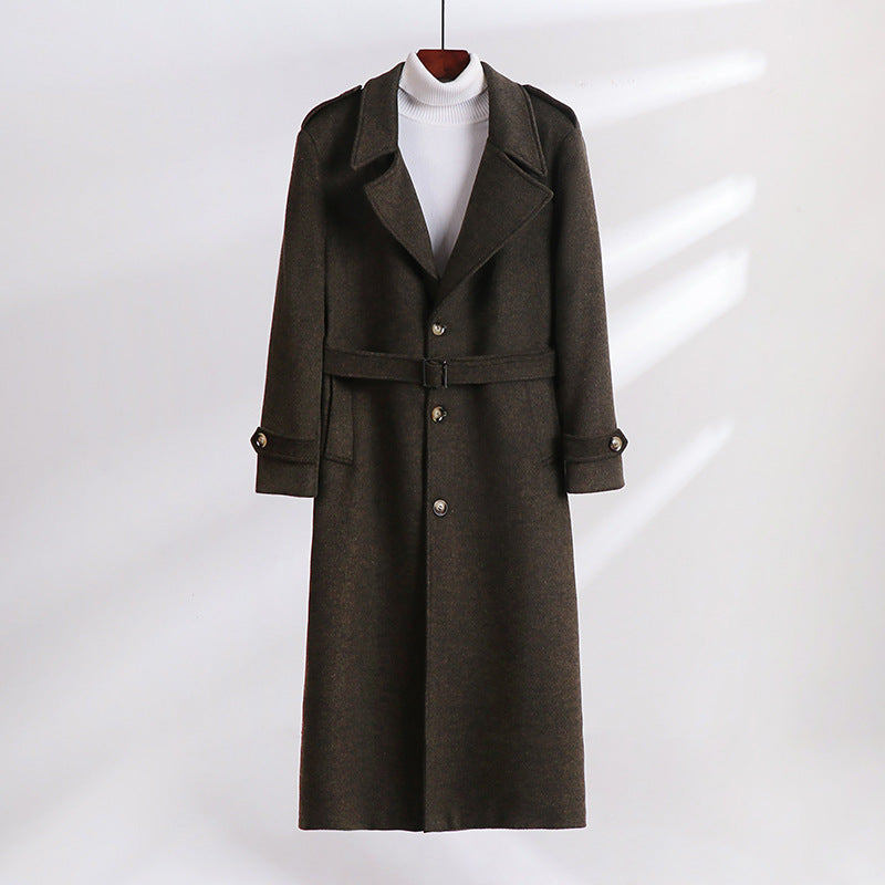 Men's Maxi-Length Wool Blend Overcoat with Boxy Silhouette, Shawl Collar and Decorative Epaulettes Mune Fashion