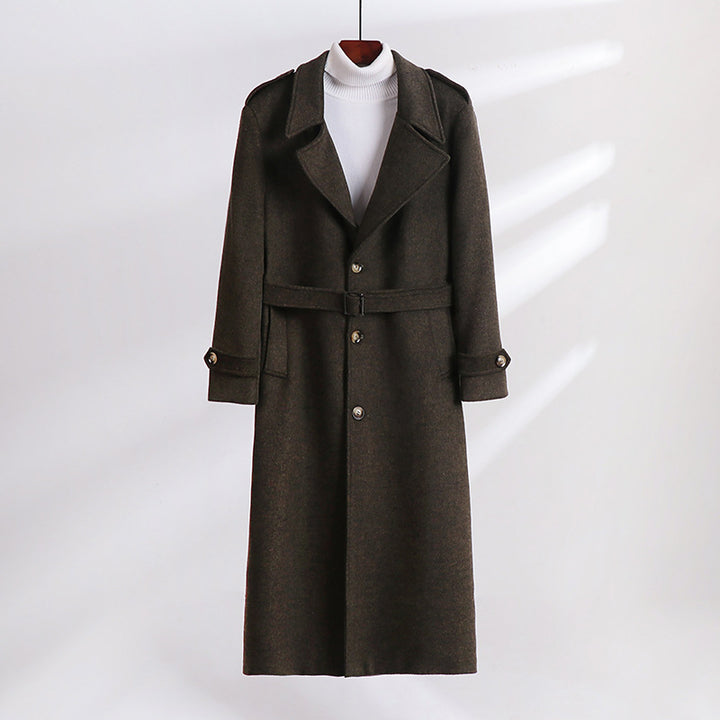 Men's Maxi-Length Wool Blend Overcoat with Boxy Silhouette, Shawl Collar and Decorative Epaulettes Mune Fashion