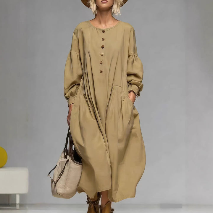 Women's Casual Midi Dress with Button Placket, Balloon Sleeves and Side Pockets Mune Fashion