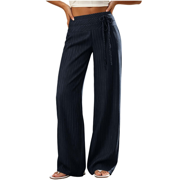 Women Wide High-Waist Palazzo Pants with Striped Pattern and Tie Belt Mune Fashion