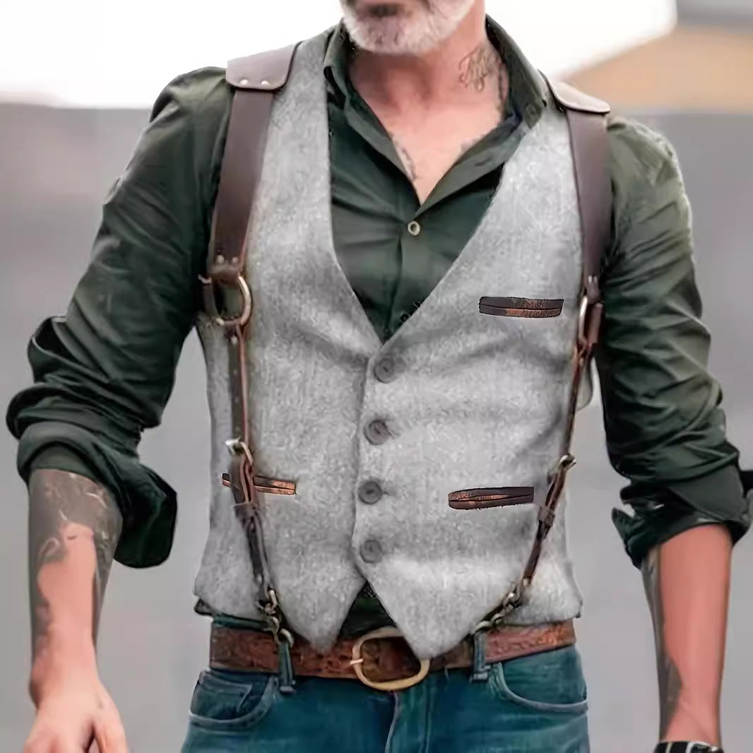 Men's Tweed Vest with Leather Straps and Vintage Details Mune Fashion