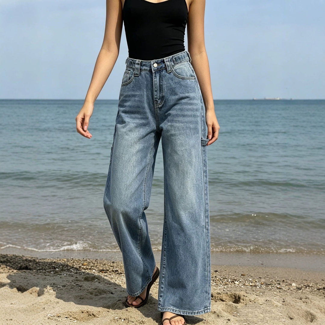 Ladies high-waist carpenter denim pants with utility side pocket and flared leg Mune Fashion