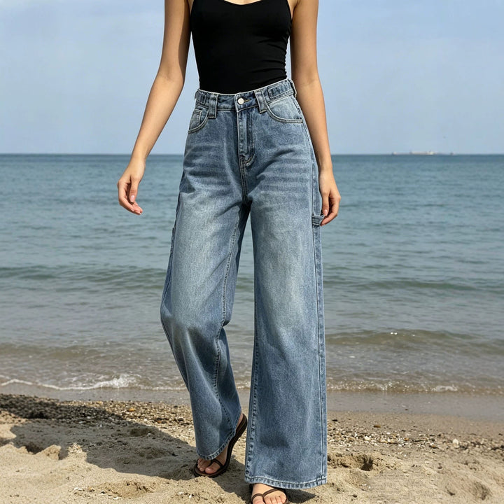 Ladies high-waist carpenter denim pants with utility side pocket and flared leg Mune Fashion