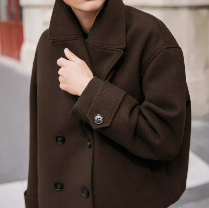 Women's Short Double-Breasted Boxy Coat Jacket with Wide Lapels Mune Fashion