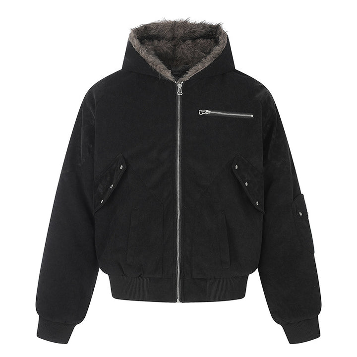 Ladies Oversize Velvet Bomber Jacket with Hood, Faux Fur Lining and Zipper Front Mune Fashion