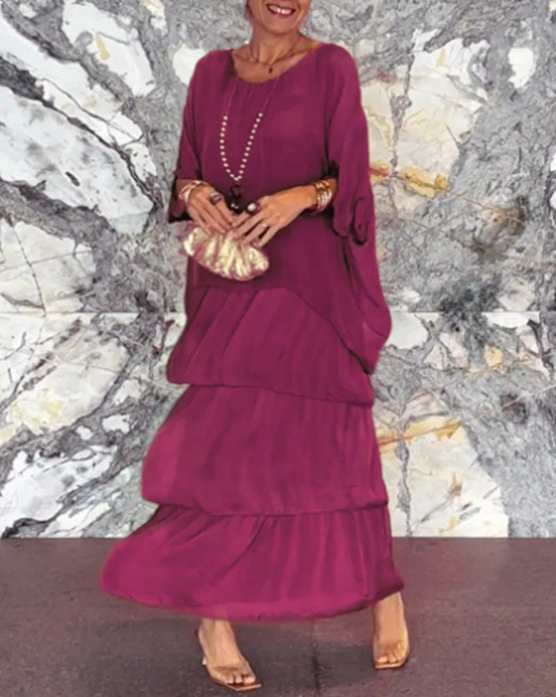 Women's ankle-length tiered dress with wide batwing sleeves and loose silhouette Mune Fashion